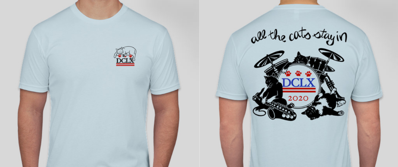 An image of the front and back of a light blue t-shirt. On the front, there's a cat draped over our DCLX logo. On the back, four cats nap alongside their instruments. At the top, text reads "all the cats stay in."